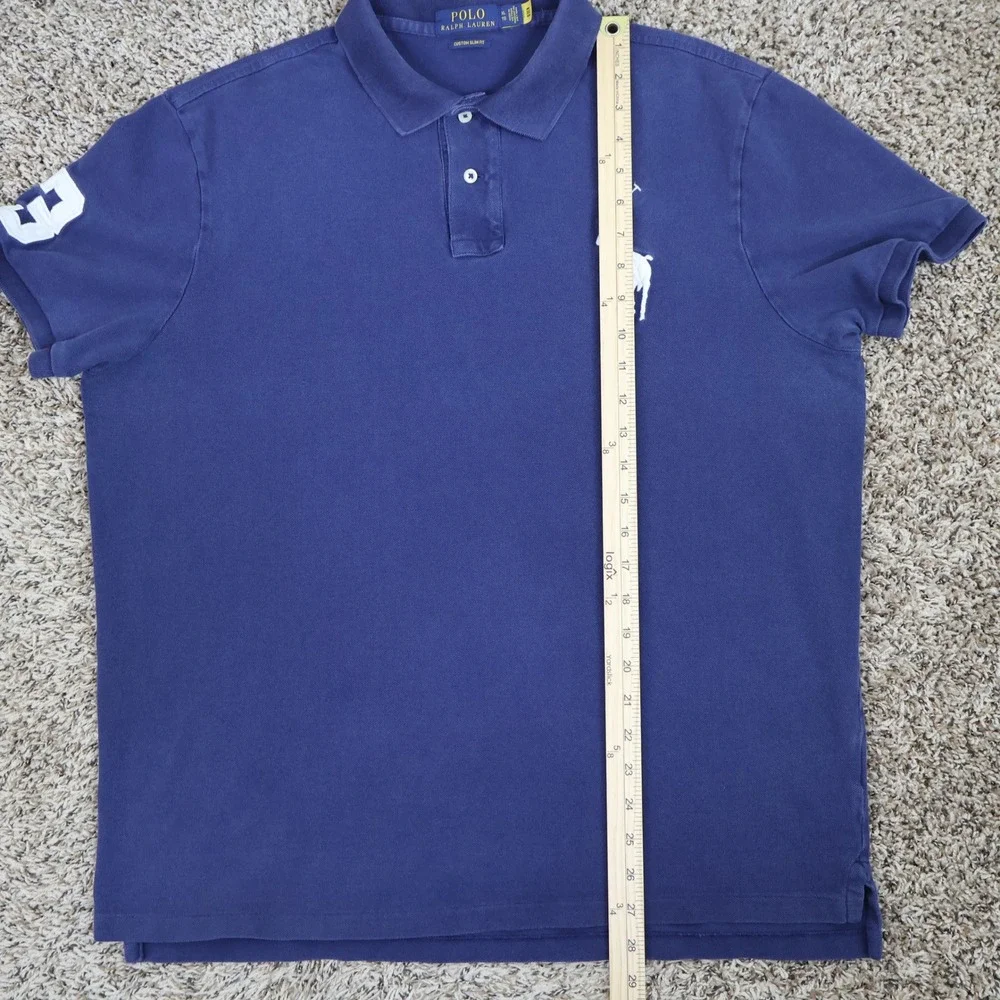 Polo Ralph Lauren Big Pony Custom Slim Fit Polo XL Navy Blue Cotton Mesh 3 Patch